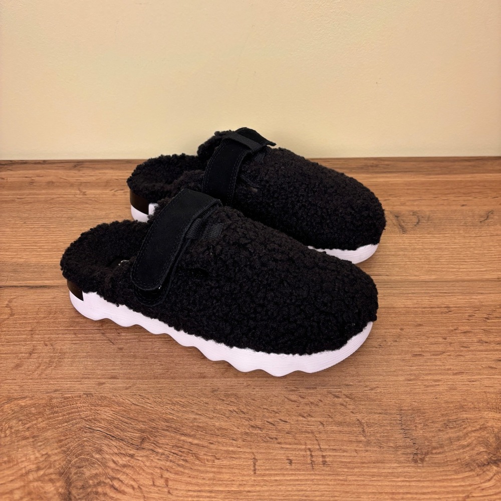 SOREL Viibe Clog Cozy Black/Sea Salt White Women Size 7 Casual Shearling Comfort